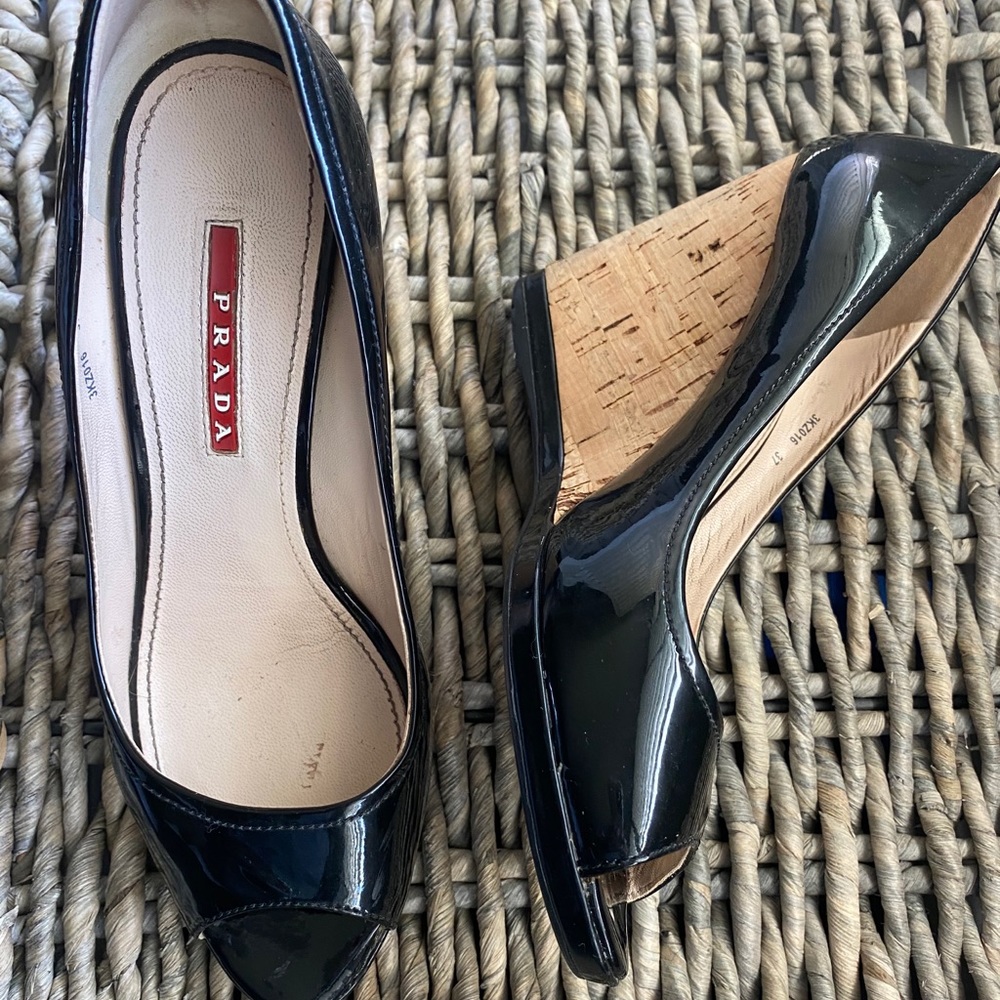 Prada patent leather cork wedges
